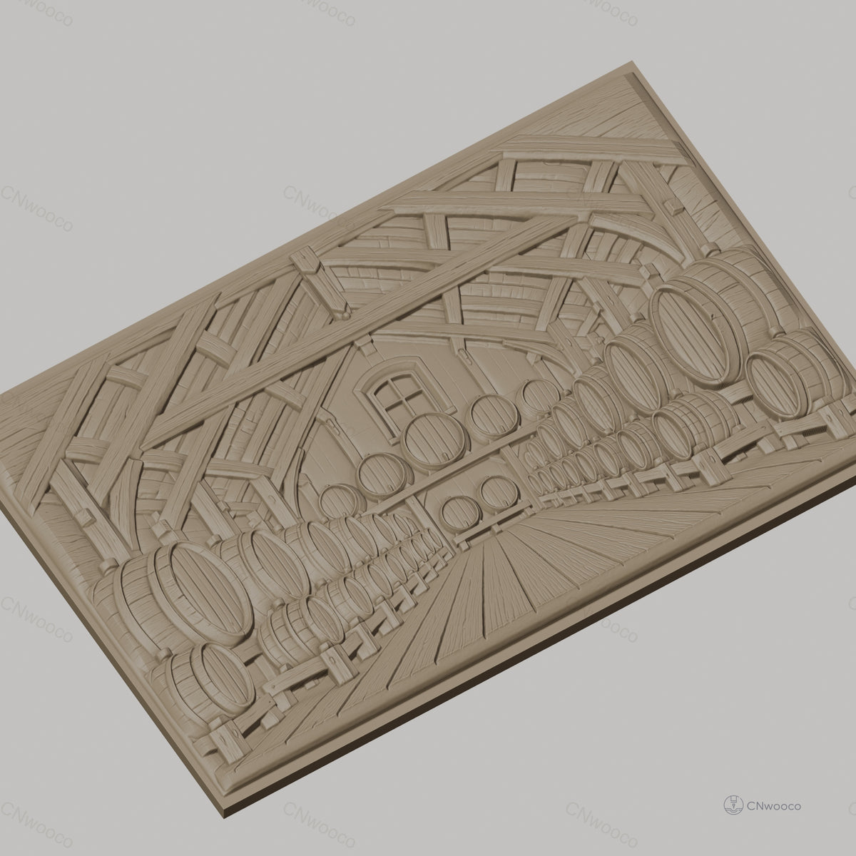 Fichier CNC & impression 3D cave à vin avec tonneaux en bois, ambiance rustique, haute qualité relief STL