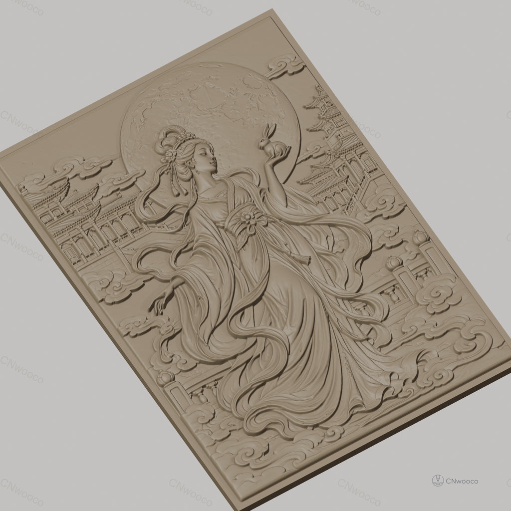 Fichier CNC & impression 3D déesse chinoise, lune et lapin, temples et nuages, haute qualité relief STL