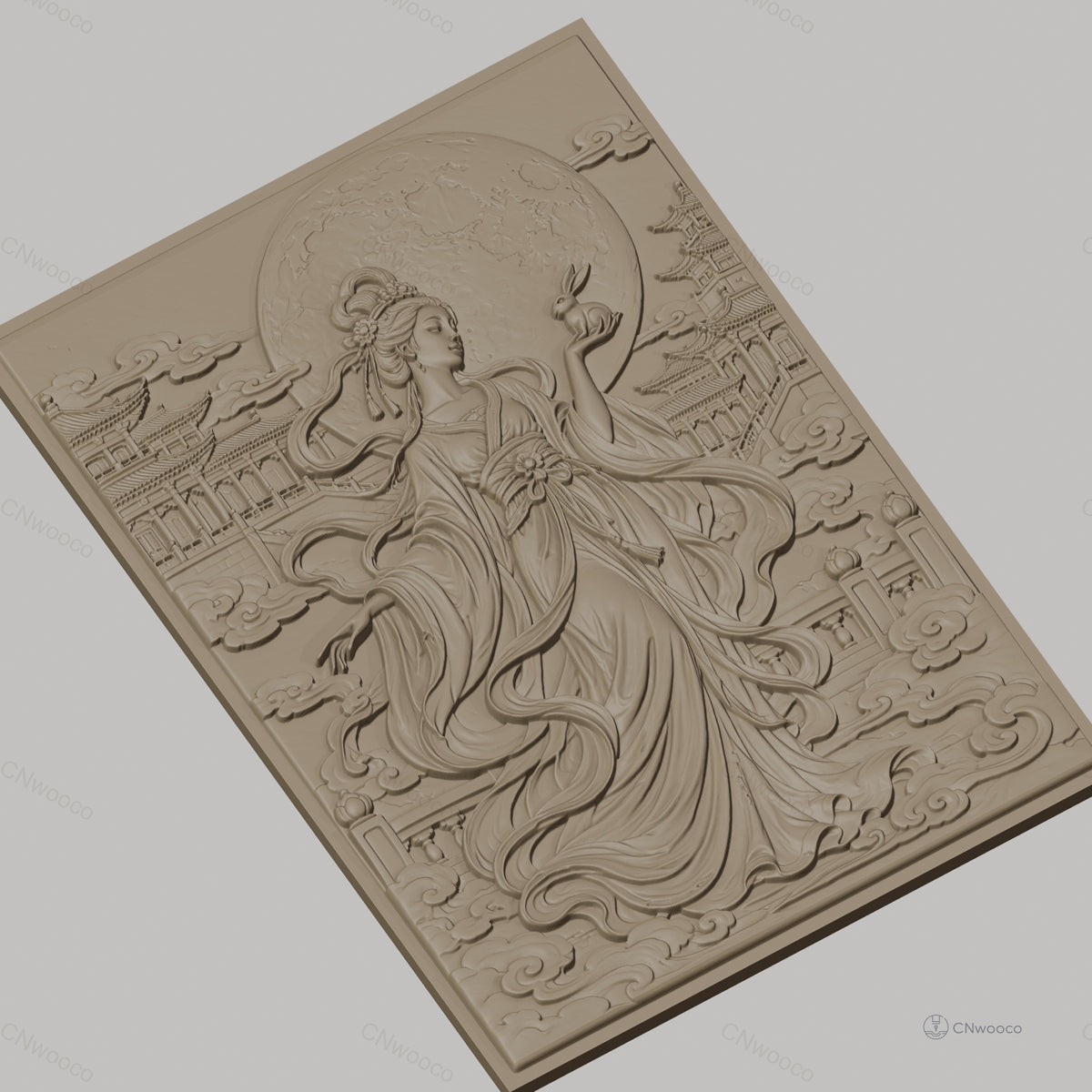 Fichier CNC & impression 3D déesse chinoise, lune et lapin, temples et nuages, haute qualité relief STL