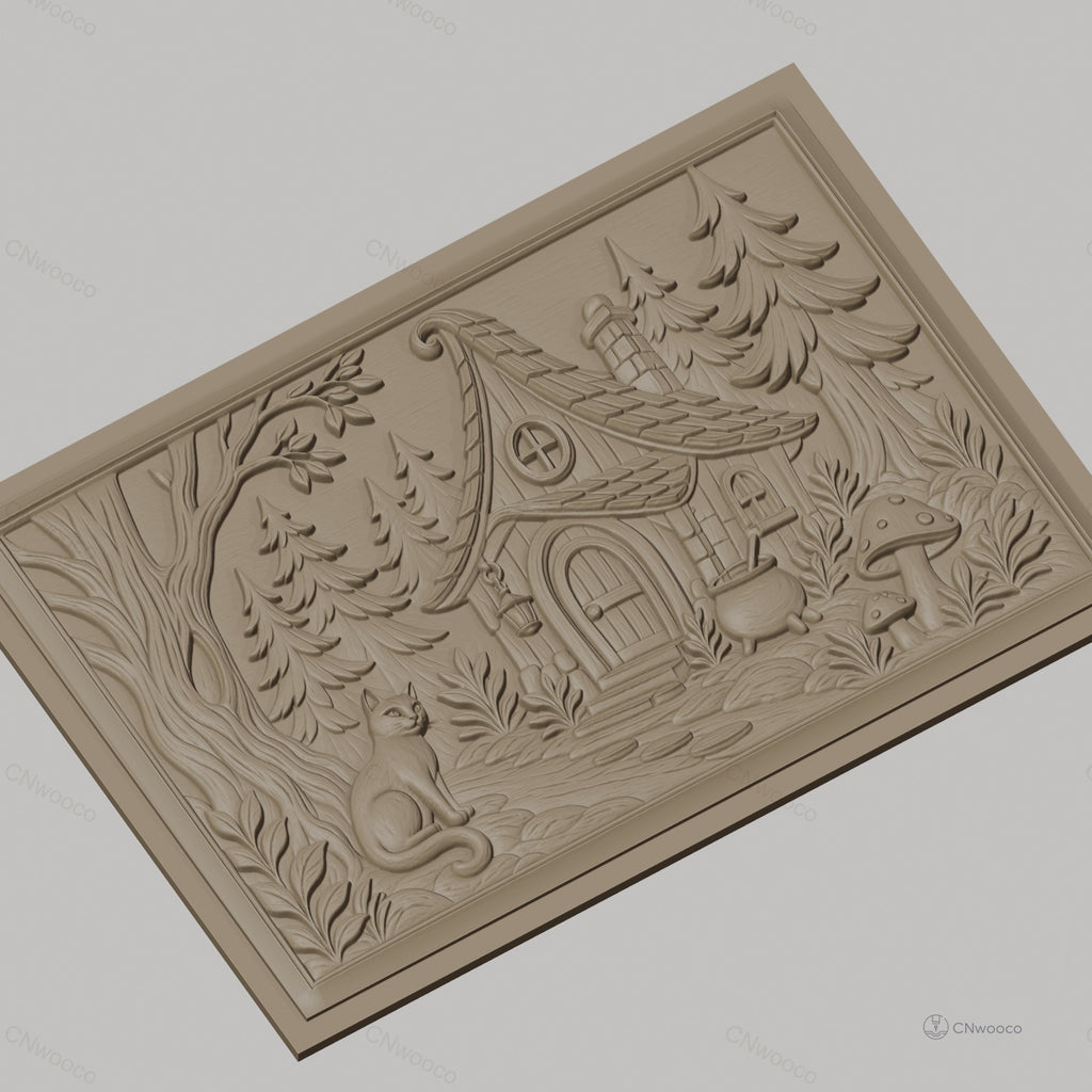 Fichier CNC & impression 3D maison de sorcière, chat, forêt et champignons, haute qualité relief STL