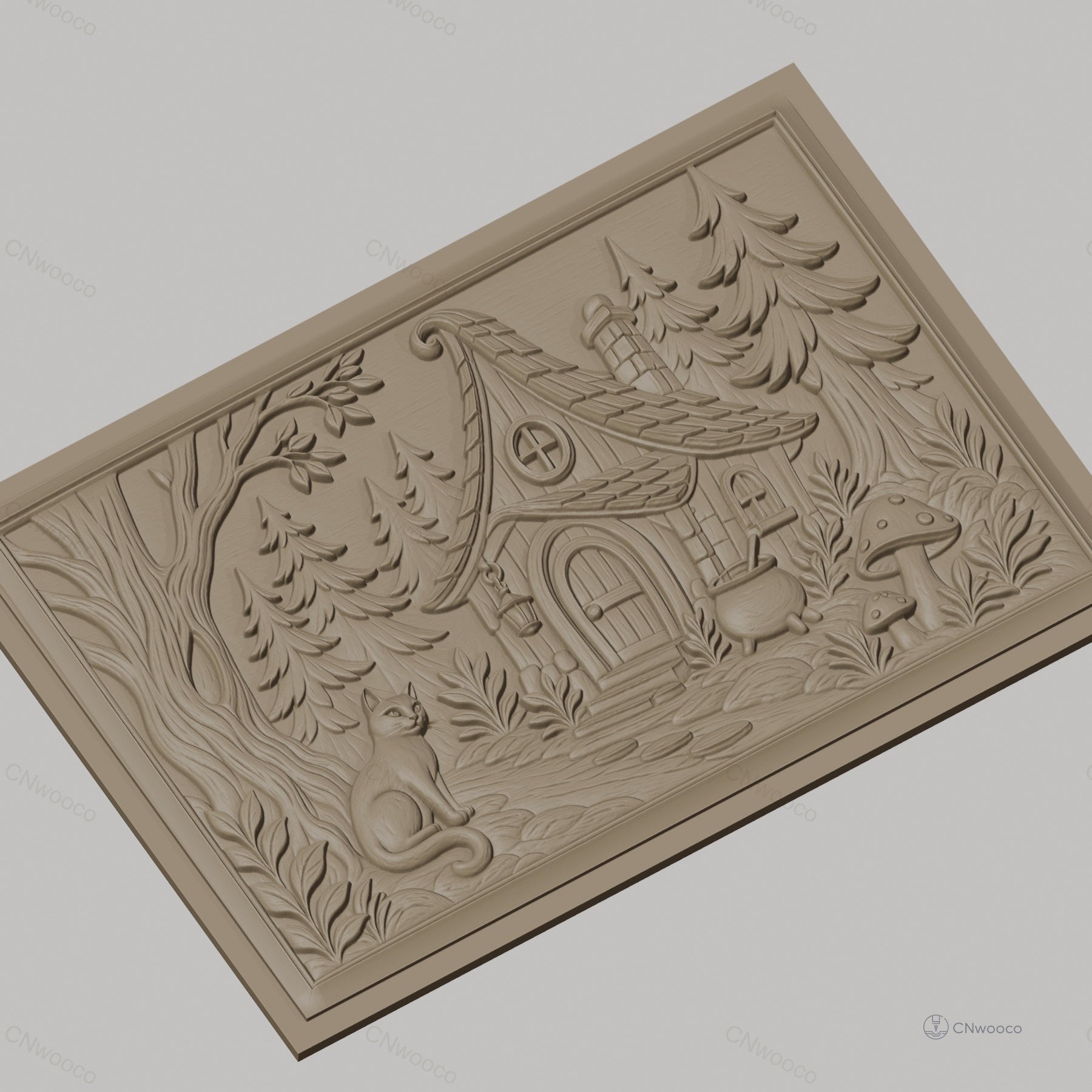 Fichier CNC & impression 3D maison de sorcière, chat, forêt et champignons, haute qualité relief STL