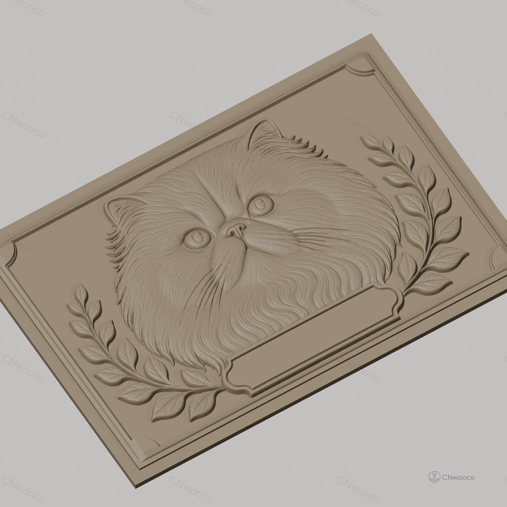 Fichier CNC & impression 3D chat persan, tête de chat avec feuillage, haute qualité relief STL