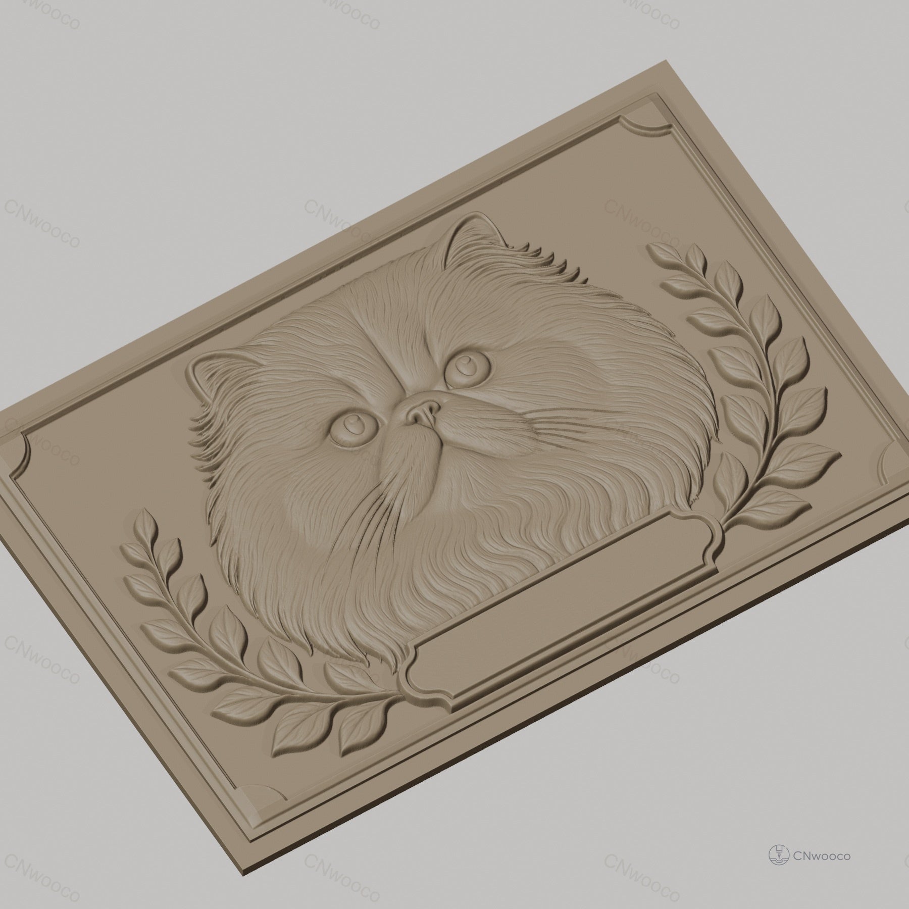 Fichier CNC & impression 3D chat persan, tête de chat avec feuillage, haute qualité relief STL