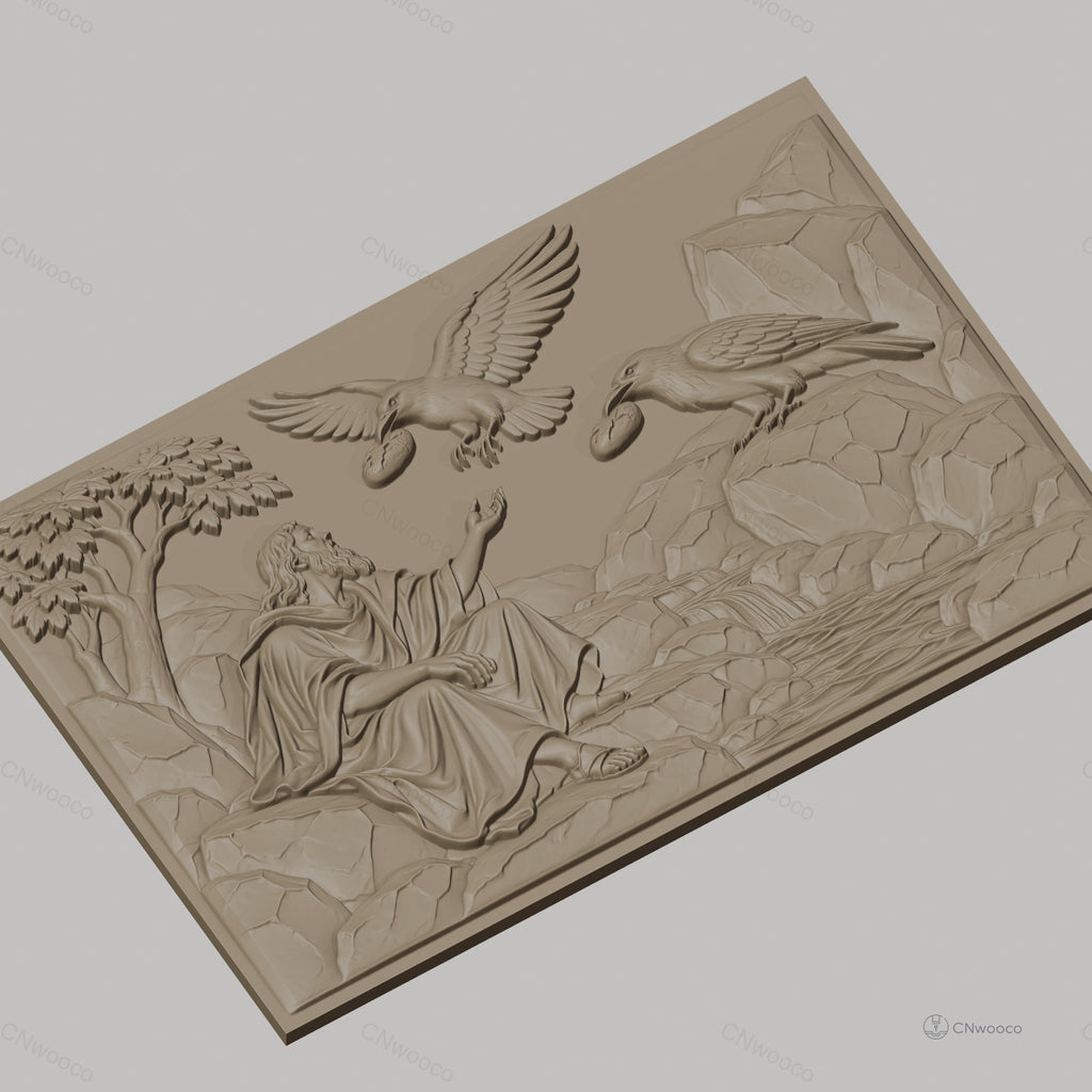 Fichier CNC & impression 3D scène biblique avec homme, corbeaux, rivière et rochers, haute qualité relief STL