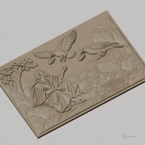 Fichier CNC & impression 3D scène biblique avec homme, corbeaux, rivière et rochers, haute qualité relief STL