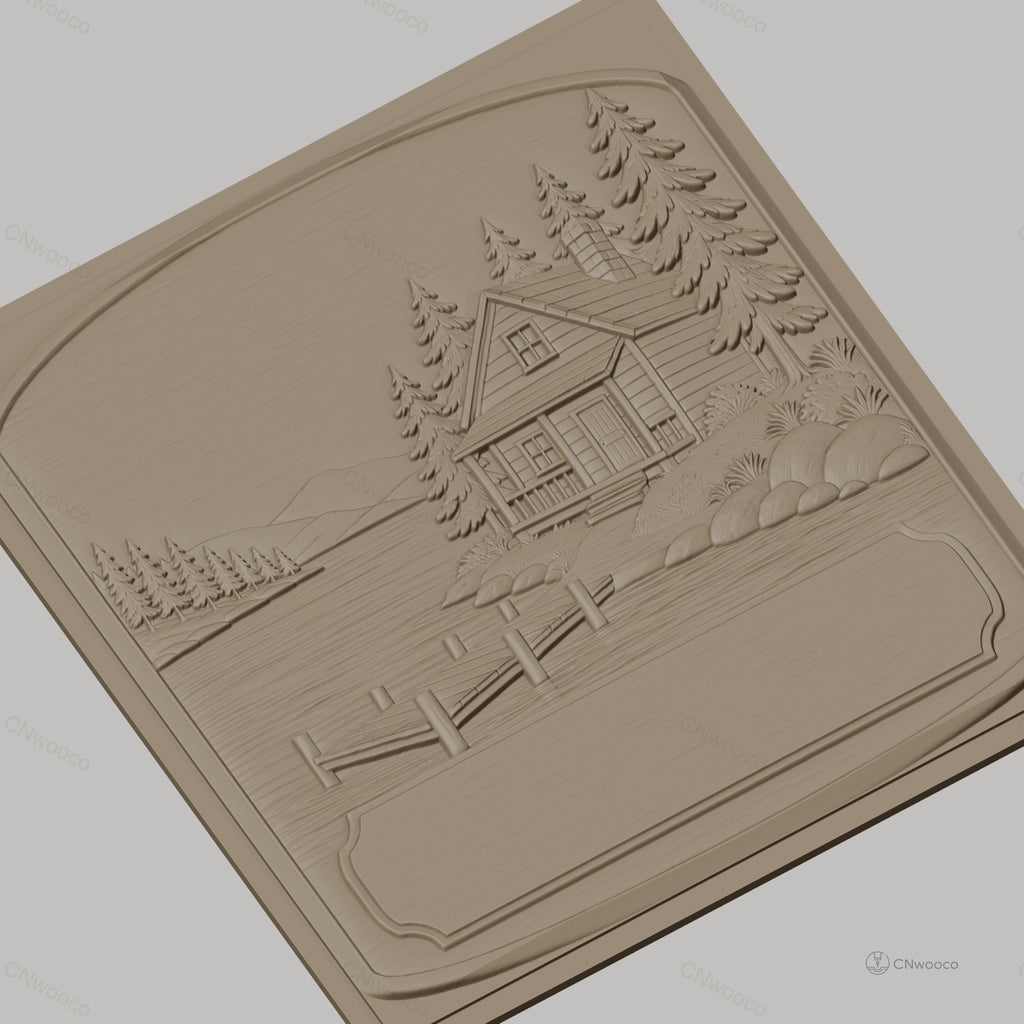 Fichier CNC & impression 3D chalet lac, ponton, arbres et rochers, haute qualité relief STL