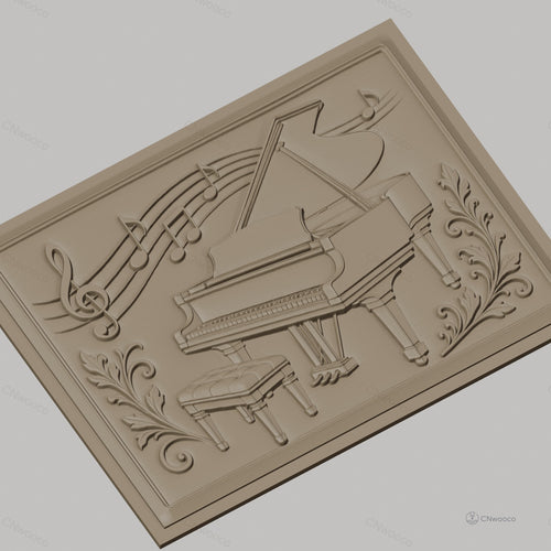 Fichier CNC & impression 3D piano à queue, notes de musique avec feuilles décoratives, haute qualité relief STL