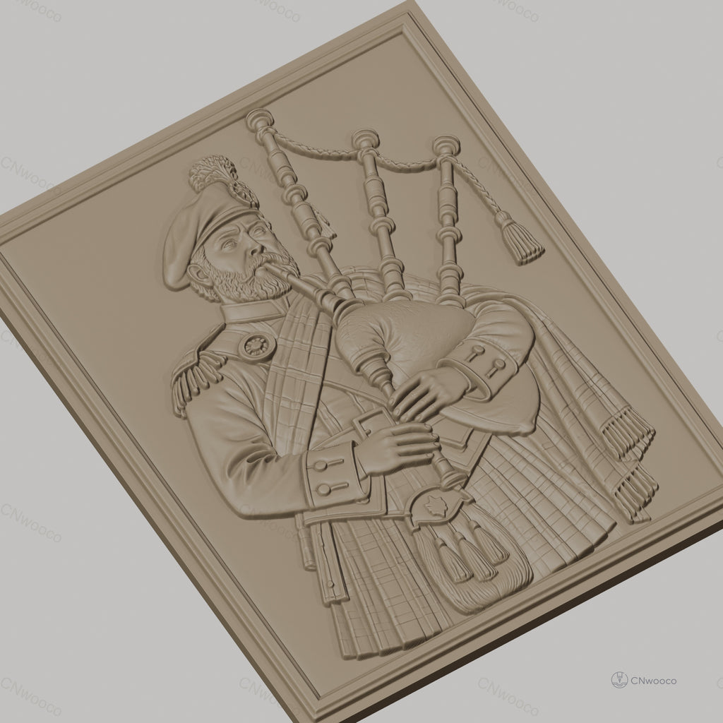 Fichier CNC & impression 3D joueur de cornemuse écossais, costume traditionnel, relief détaillé, haute qualité relief STL