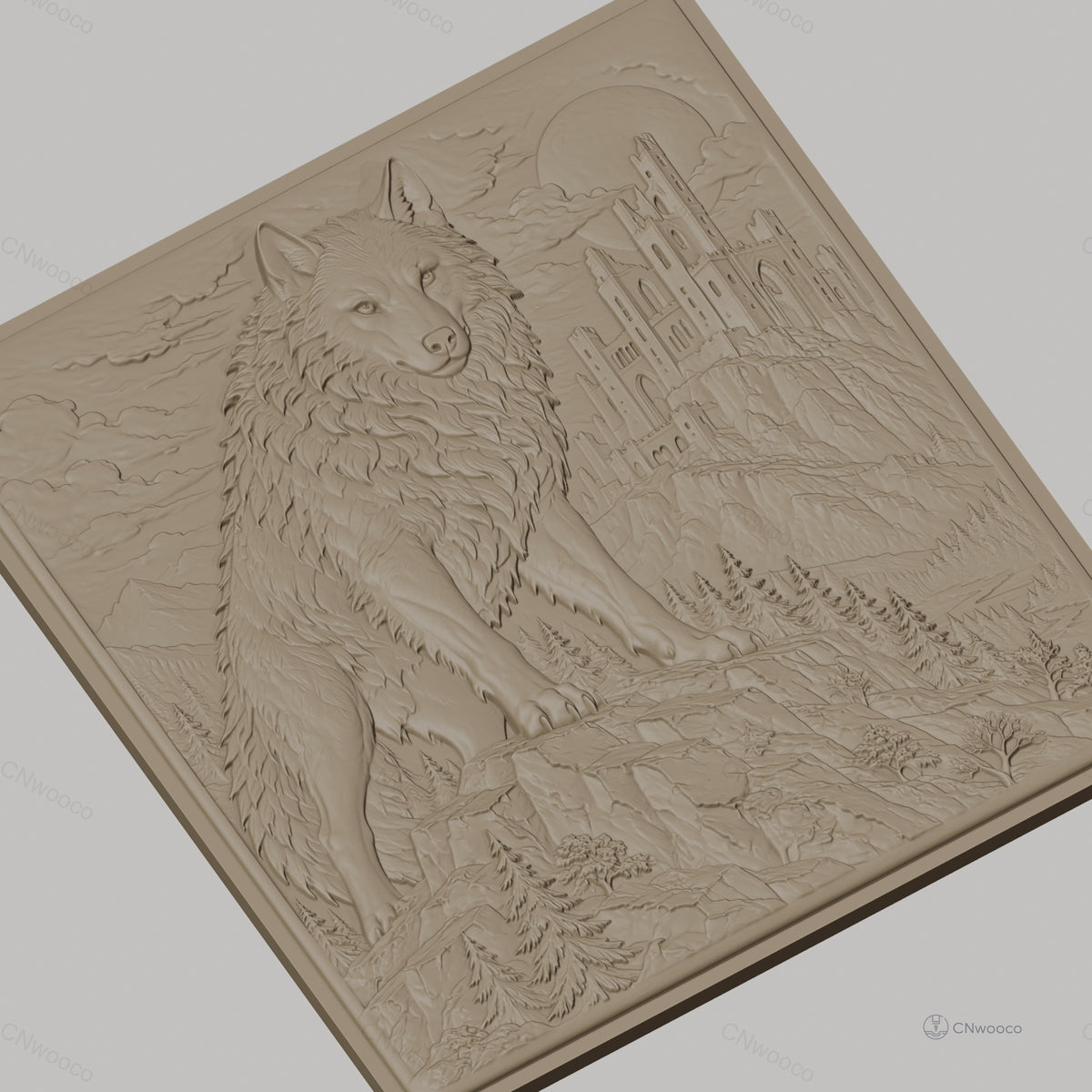 Fichier CNC & impression 3D loup sur rocher, château médiéval, forêt et montagne, haute qualité relief STL