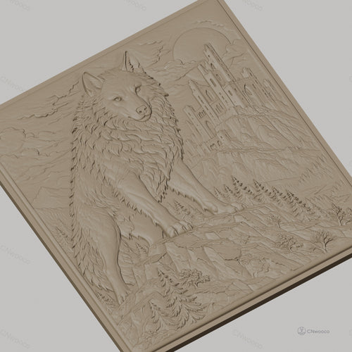 Fichier CNC & impression 3D loup sur rocher, château médiéval, forêt et montagne, haute qualité relief STL