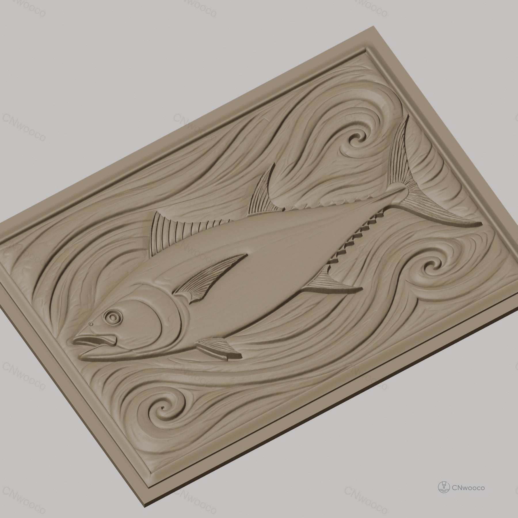 Fichier CNC & impression 3D poisson thon, relief avec vagues stylisées, haute qualité relief STL