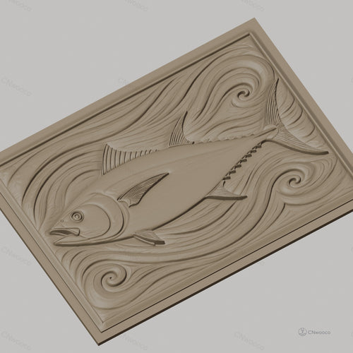 Fichier CNC & impression 3D poisson thon, relief avec vagues stylisées, haute qualité relief STL
