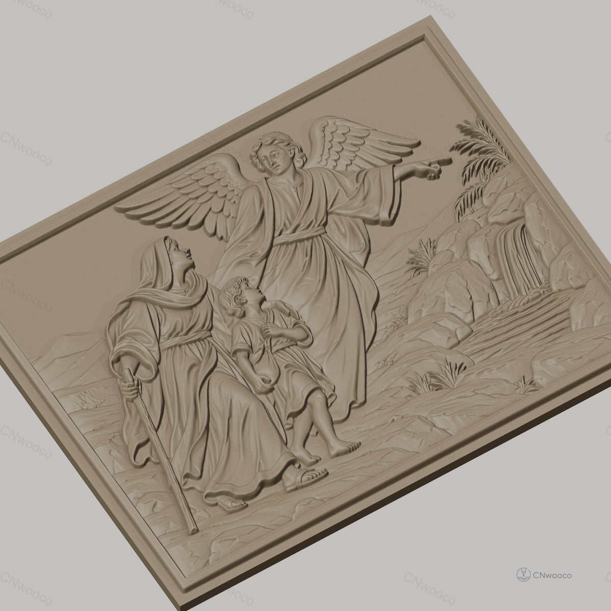 Fichier CNC & impression 3D ange gardien avec femme et enfant, paysage rocheux et cascade, haute qualité relief STL