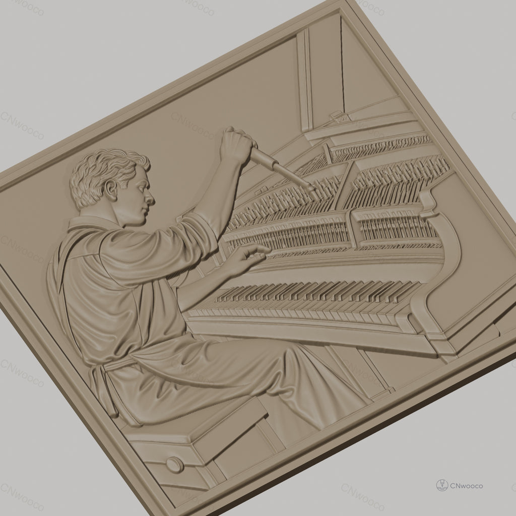 Fichier CNC & impression 3D accordeur de piano, homme accordant piano à queue, haute qualité relief STL