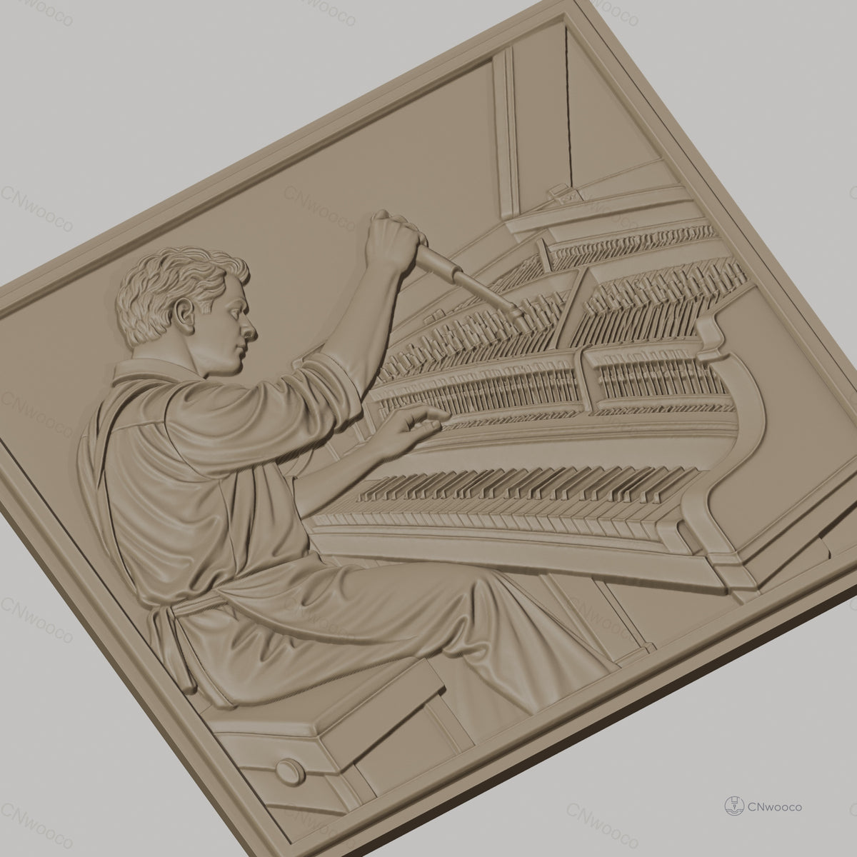 Fichier CNC & impression 3D accordeur de piano, homme accordant piano à queue, haute qualité relief STL