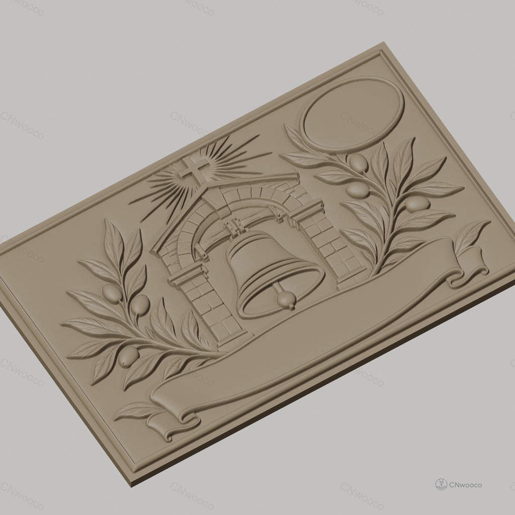 Fichier CNC & impression 3D cloche religieuse, branche d'olivier, bannière et croix, haute qualité relief STL