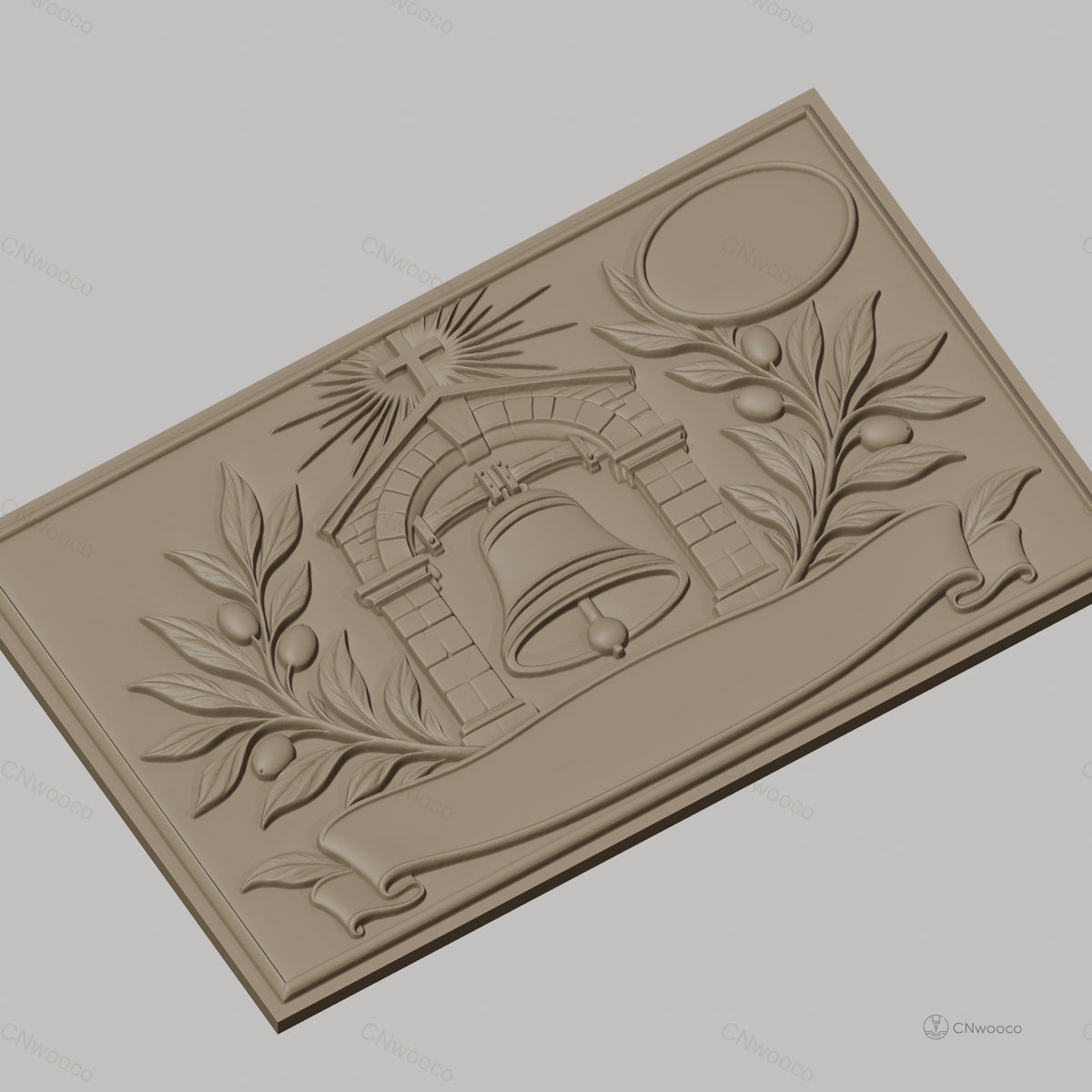 Fichier CNC & impression 3D cloche religieuse, branche d'olivier, bannière et croix, haute qualité relief STL