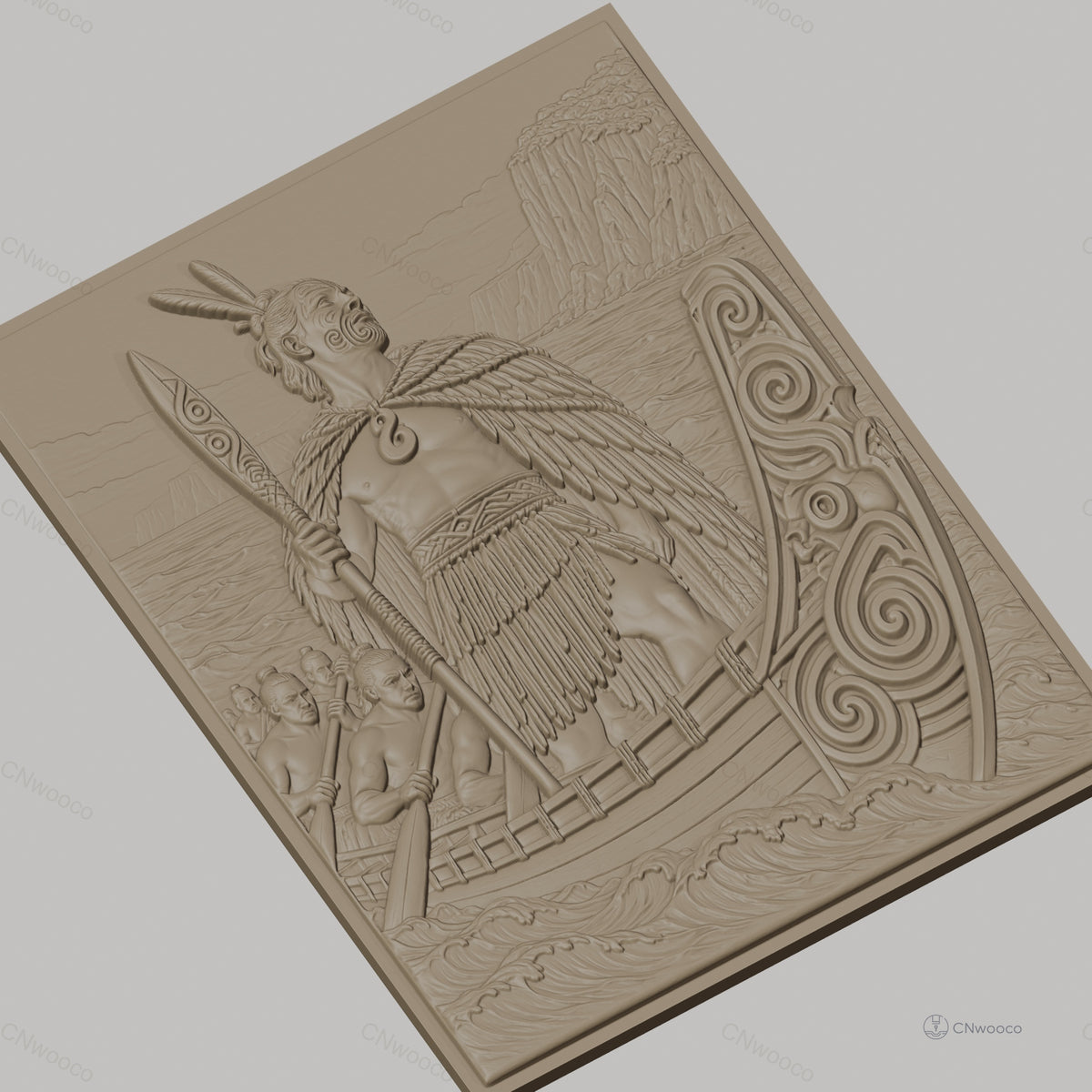 Fichier CNC & impression 3D guerrier maori, pirogue traditionnelle et tatouages tribaux, haute qualité relief STL