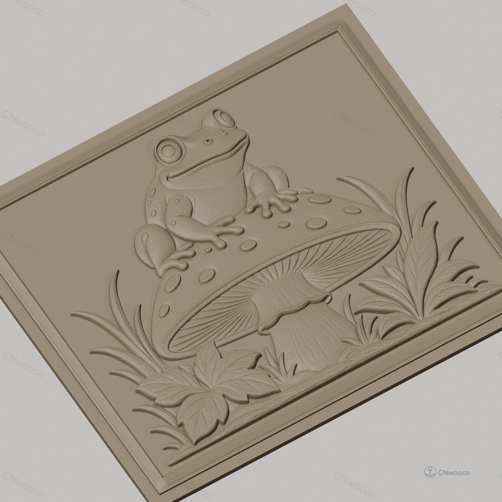 Fichier CNC & impression 3D Grenouille sur champignon, feuilles et herbes décoratives, haute qualité relief STL