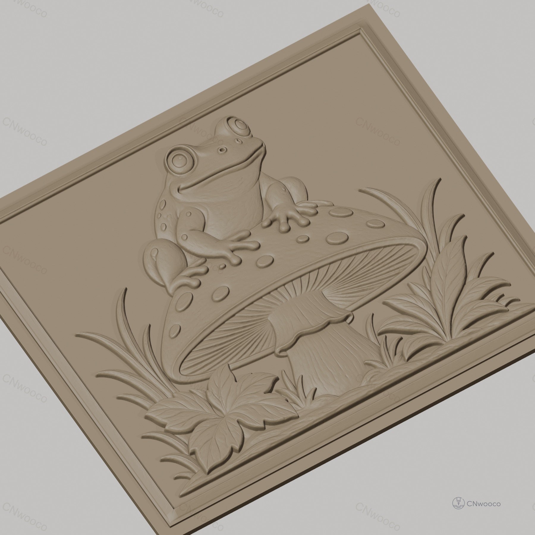 Fichier CNC & impression 3D Grenouille sur champignon, feuilles et herbes décoratives, haute qualité relief STL