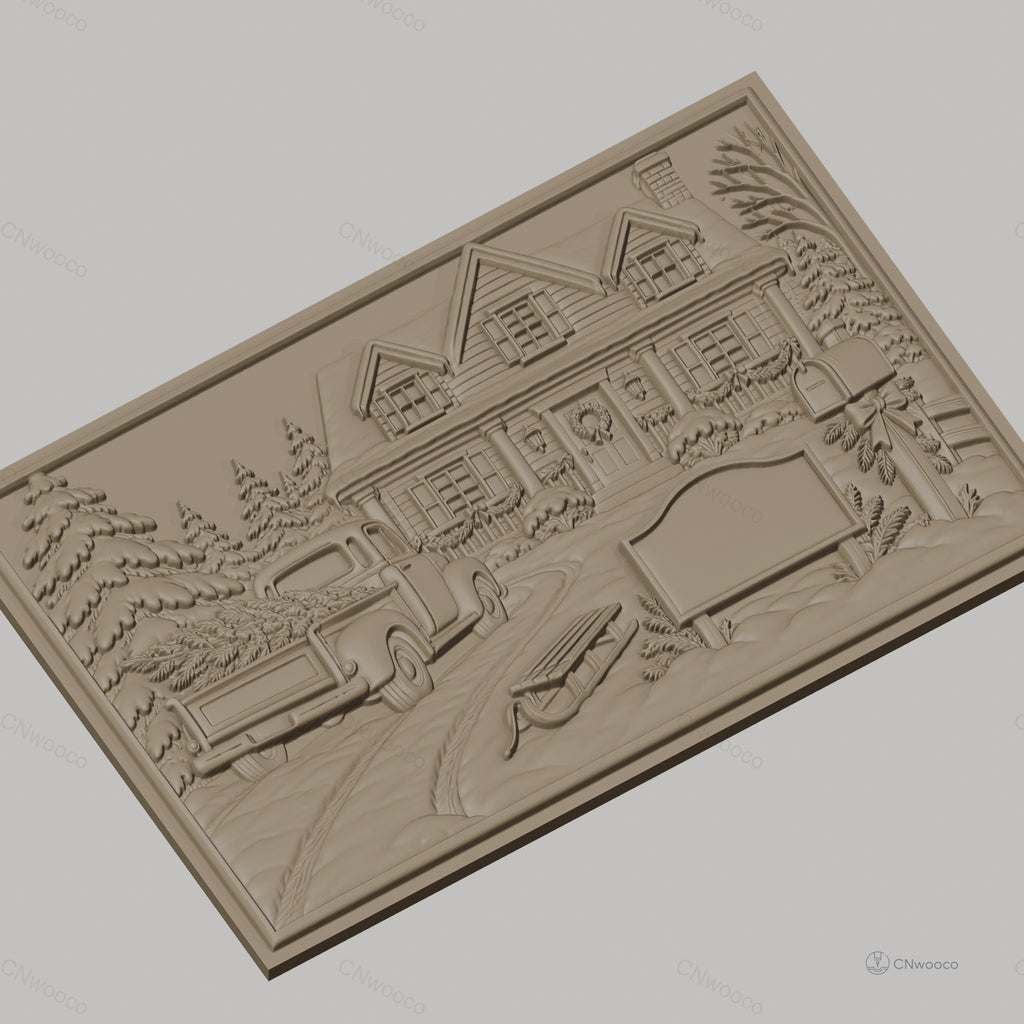 Fichier CNC & impression 3D maison de Noël, camion avec sapins, luge, boîte aux lettres, haute qualité relief STL