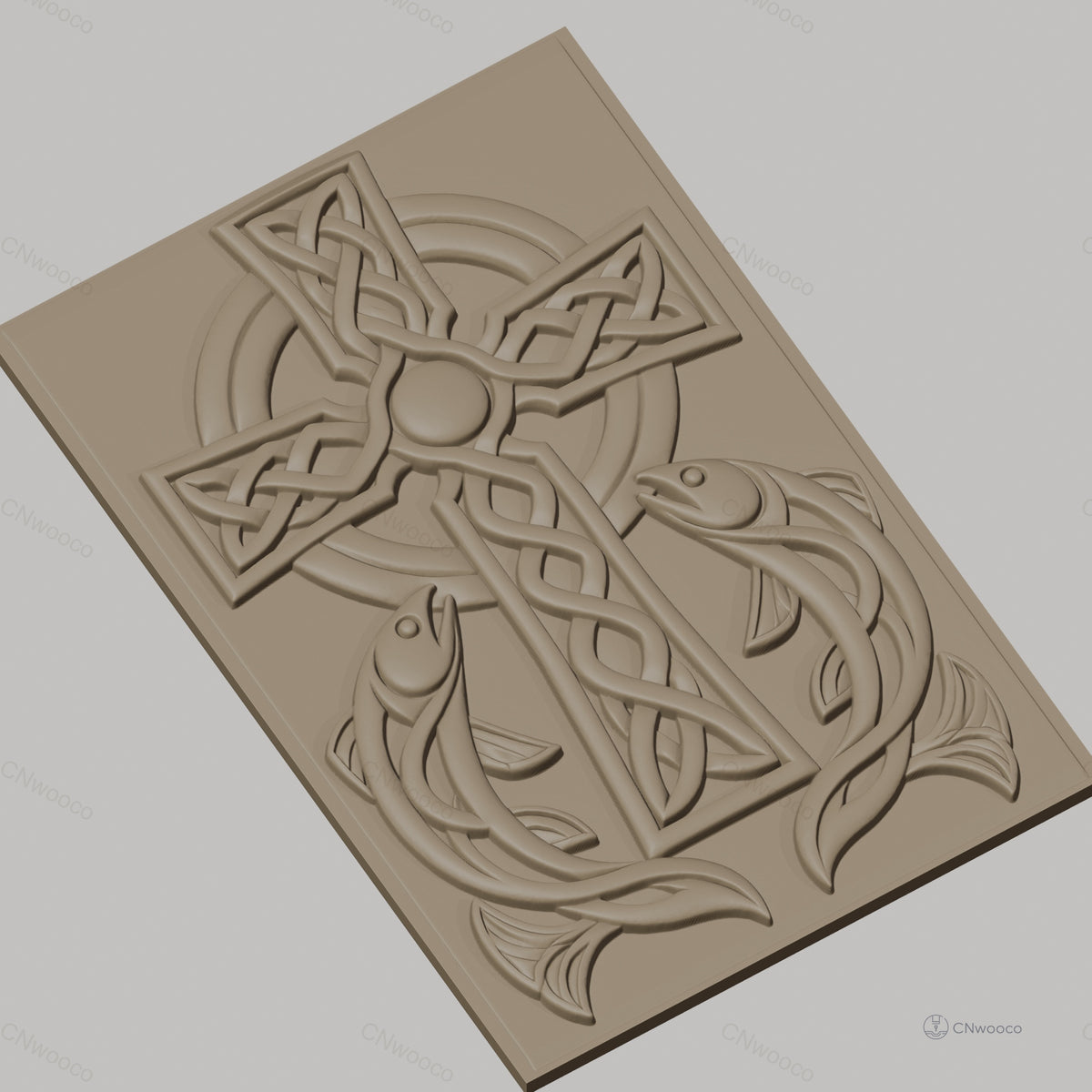 Fichier CNC & impression 3D Croix celtique avec poissons, motif entrelacé haute qualité relief STL