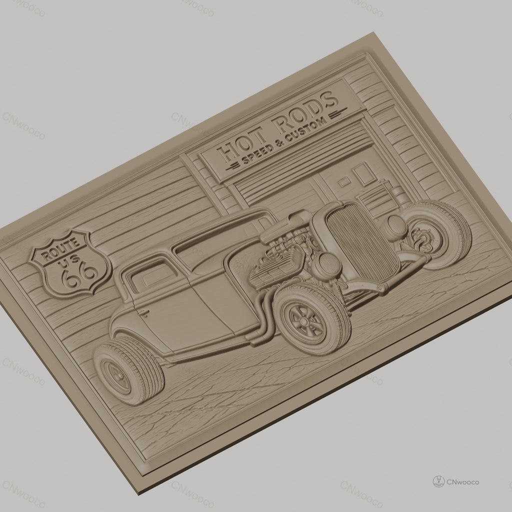 Fichier CNC & impression 3D voiture hot rod vintage, garage custom et panneau route 66, haute qualité relief STL