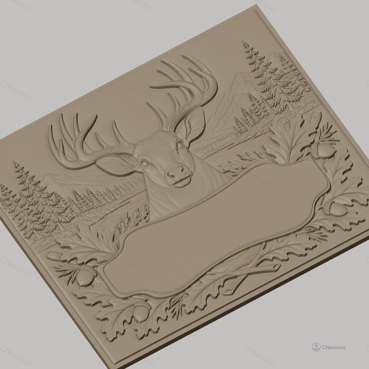 Fichier CNC & impression 3D cerf majestueux, décor forêt, montagnes et gland, haute qualité relief STL
