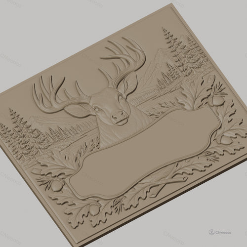 Fichier CNC & impression 3D cerf majestueux, décor forêt, montagnes et gland, haute qualité relief STL