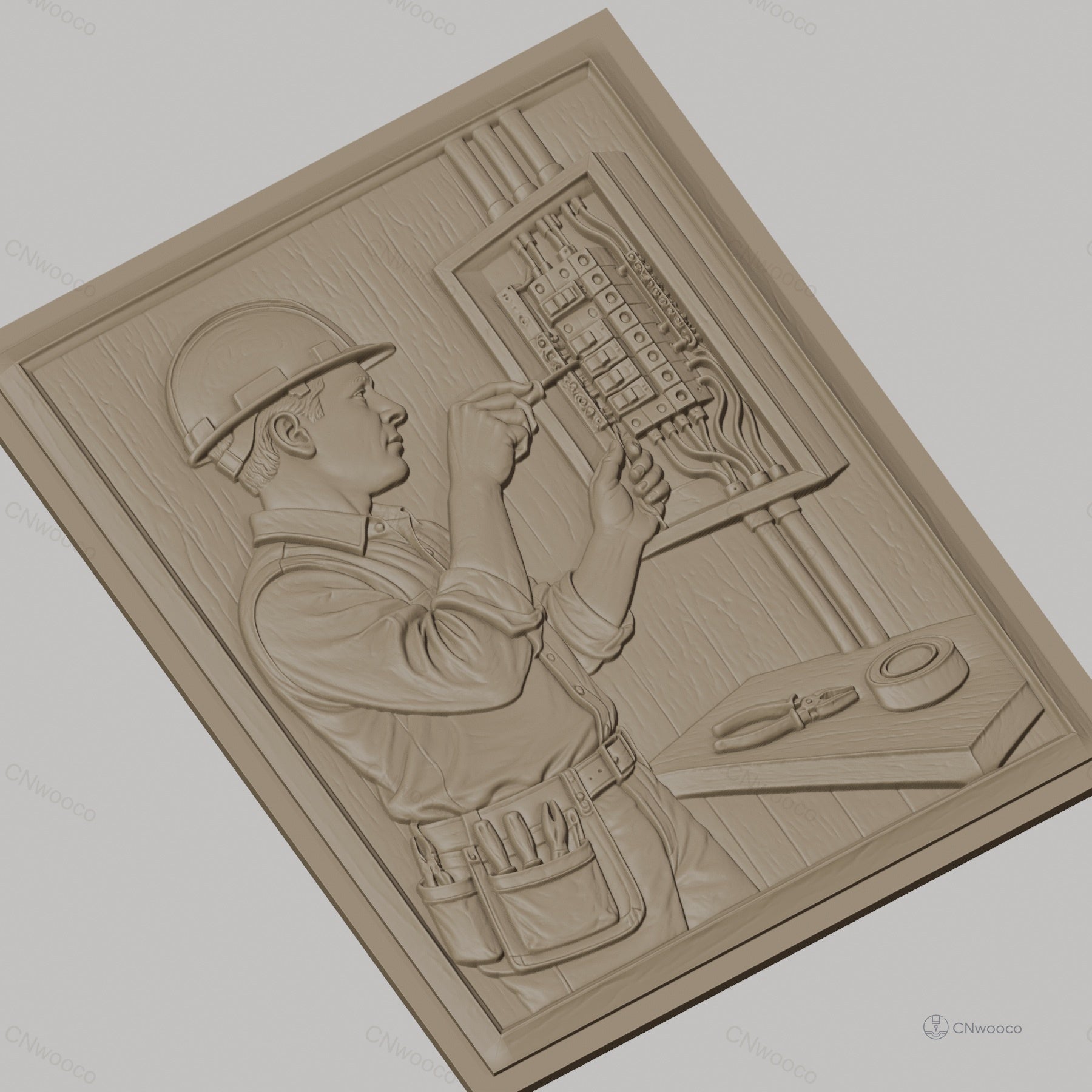 Fichier CNC & impression 3D électricien travaillant sur panneau électrique, outils de travail, haute qualité relief STL