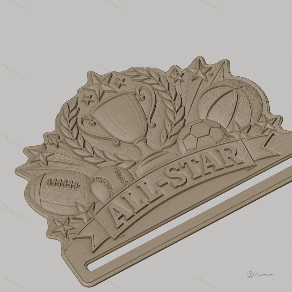 Fichier CNC & impression 3D support médaille sport avec trophée et ballons, STL très haute qualité