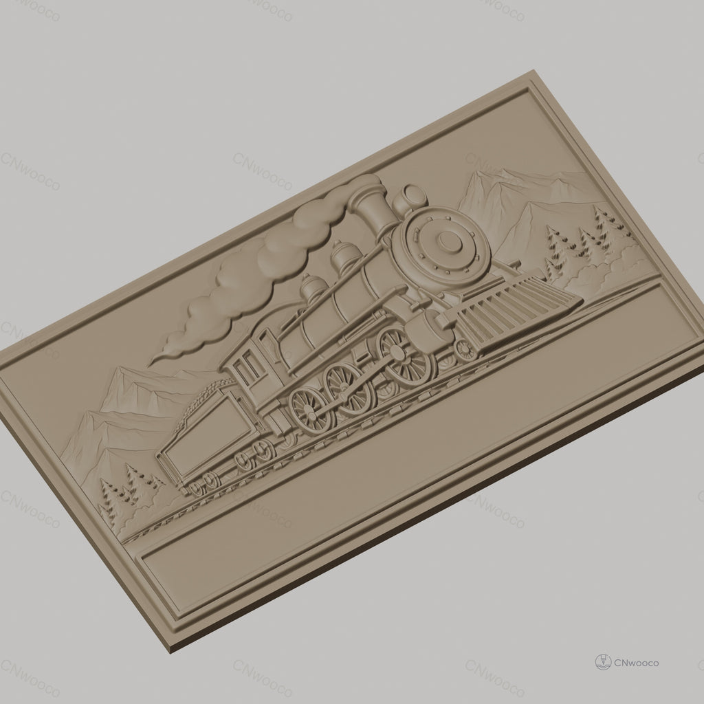 Fichier CNC & impression 3D locomotive à vapeur, train historique sur rails avec paysage montagnard, haute qualité relief STL