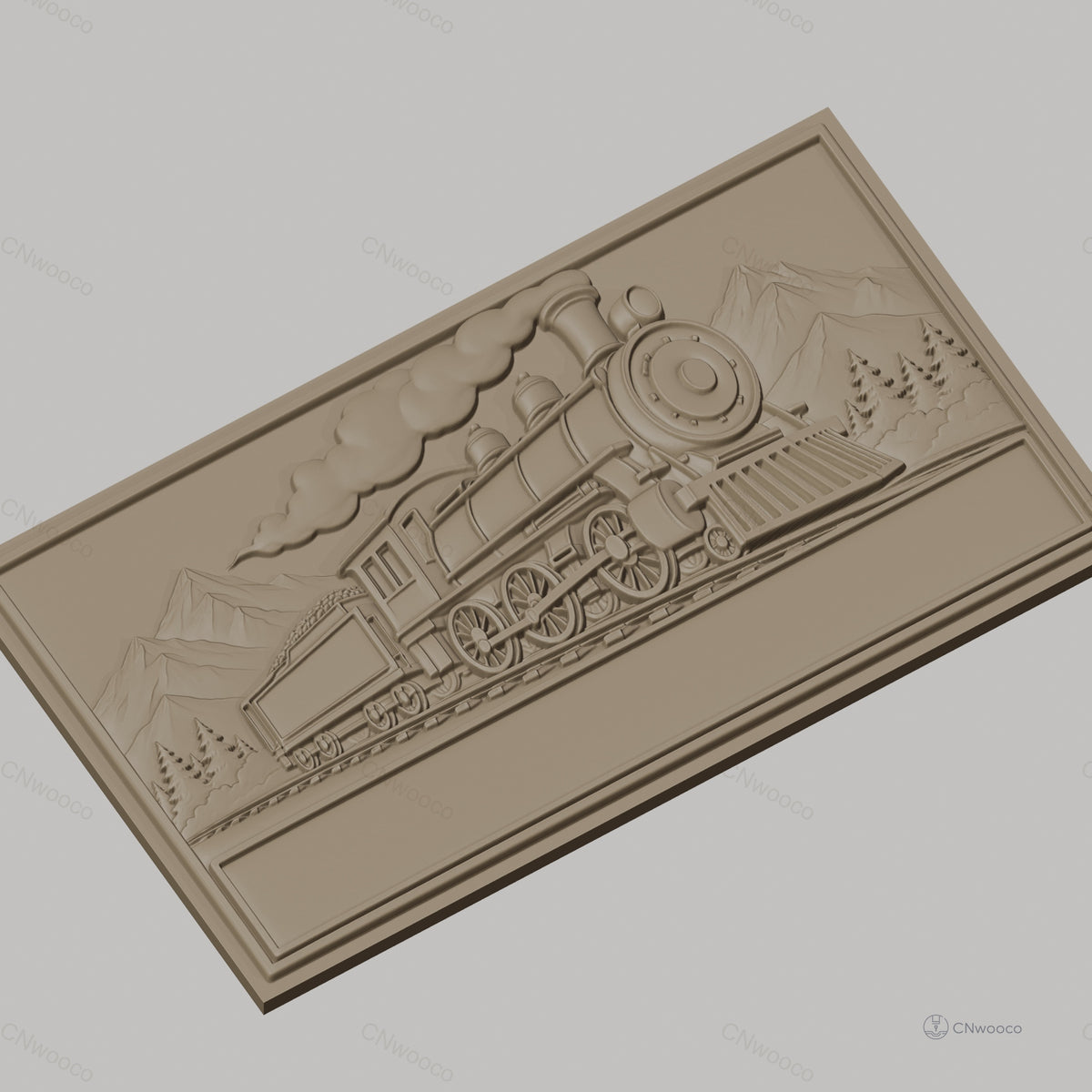 Fichier CNC & impression 3D locomotive à vapeur, train historique sur rails avec paysage montagnard, haute qualité relief STL