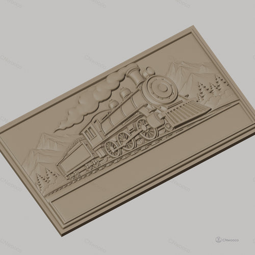 Fichier CNC & impression 3D locomotive à vapeur, train historique sur rails avec paysage montagnard, haute qualité relief STL