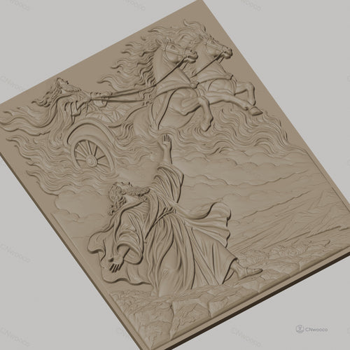 Fichier CNC & impression 3D scène biblique, prophète et char céleste avec chevaux, haute qualité relief STL