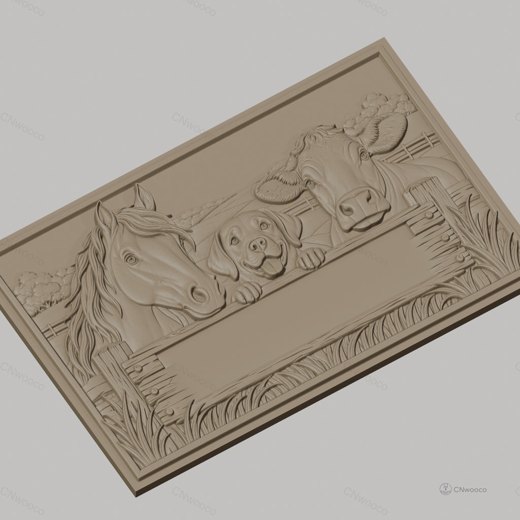 Fichier CNC & impression 3D animaux de la ferme, cheval chien vache panneau vide, haute qualité relief STL