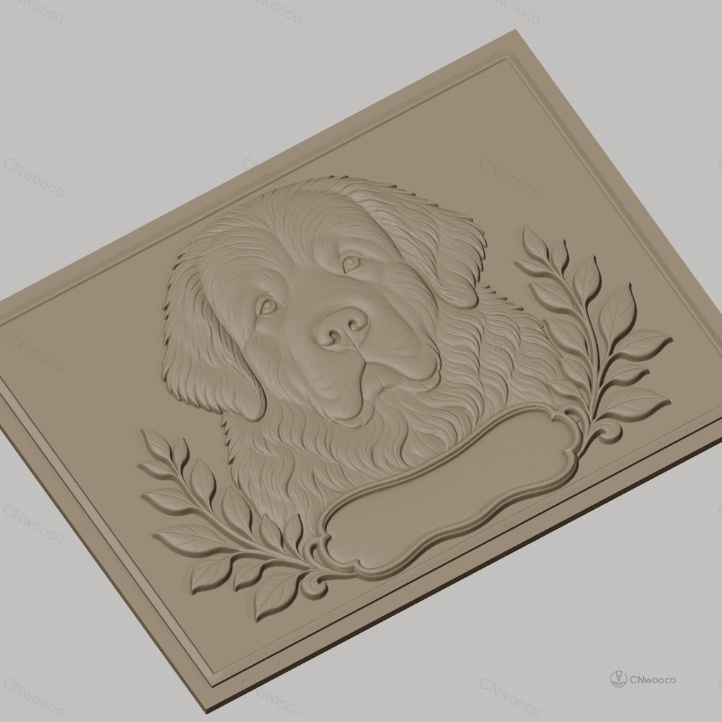 Fichier CNC & impression 3D chien terre-neuve, portrait relief avec feuilles décoratives, haute qualité relief STL