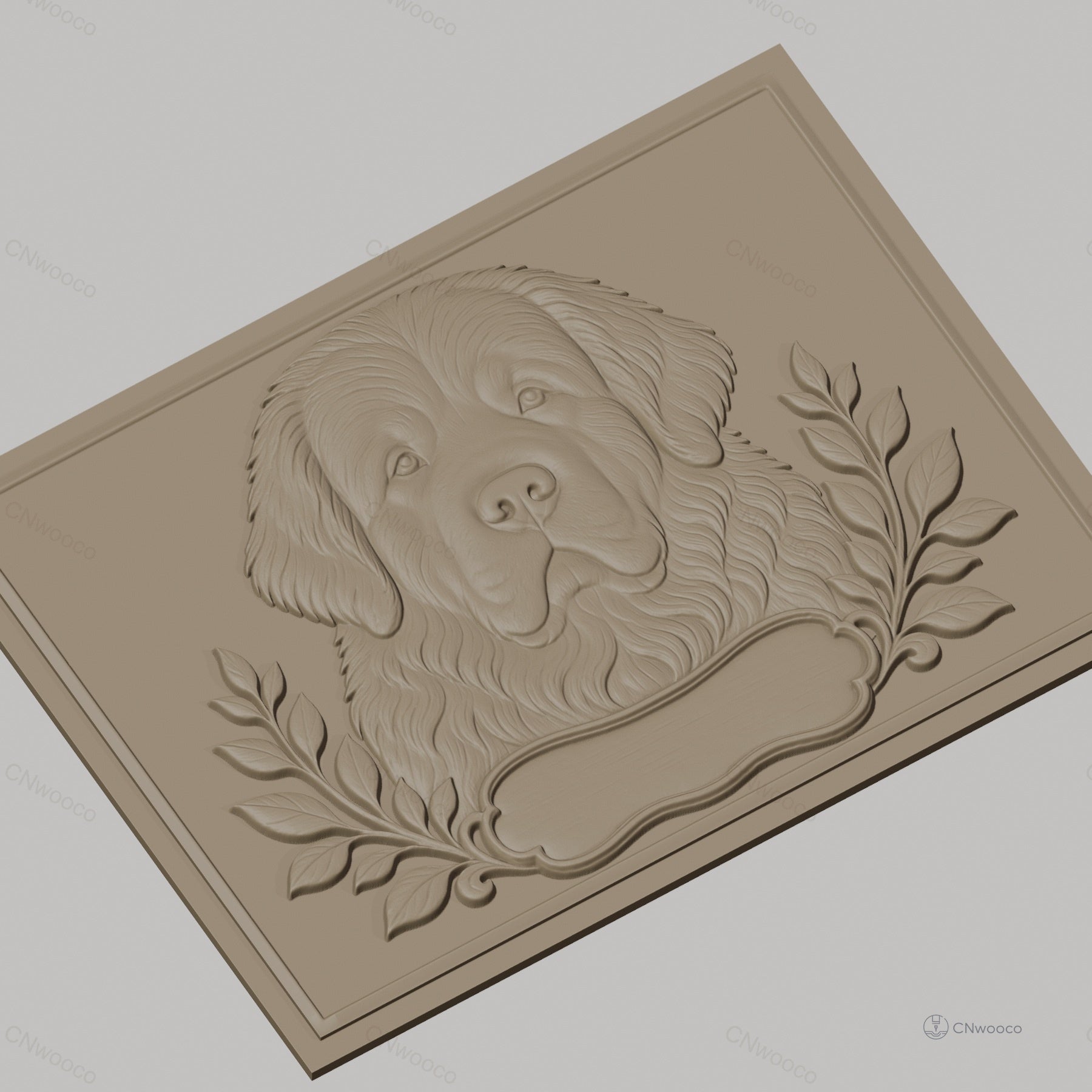 Fichier CNC & impression 3D chien terre-neuve, portrait relief avec feuilles décoratives, haute qualité relief STL