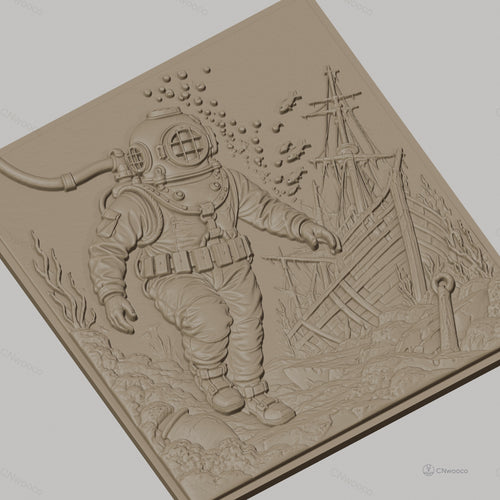 Fichier CNC & impression 3D plongeur en scaphandre, épave de bateau et poissons, haute qualité relief STL
