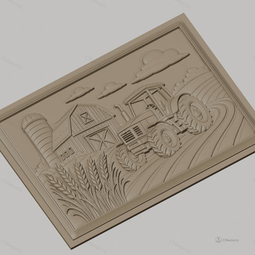 Fichier CNC & impression 3D ferme avec tracteur et silo, champ de blé, haute qualité relief STL