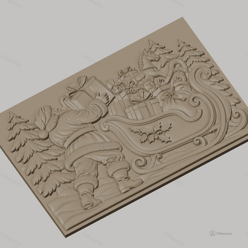 Fichier CNC & impression 3D Noël, Père Noël avec traîneau et cadeaux, haute qualité relief STL