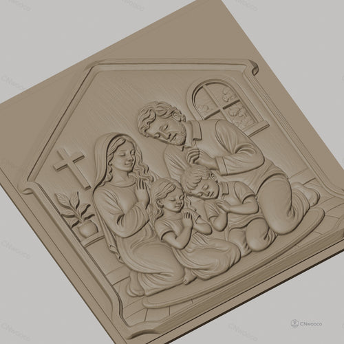 Fichier CNC & impression 3D famille en prière chrétienne, scène religieuse avec croix et enfants, haute qualité relief STL