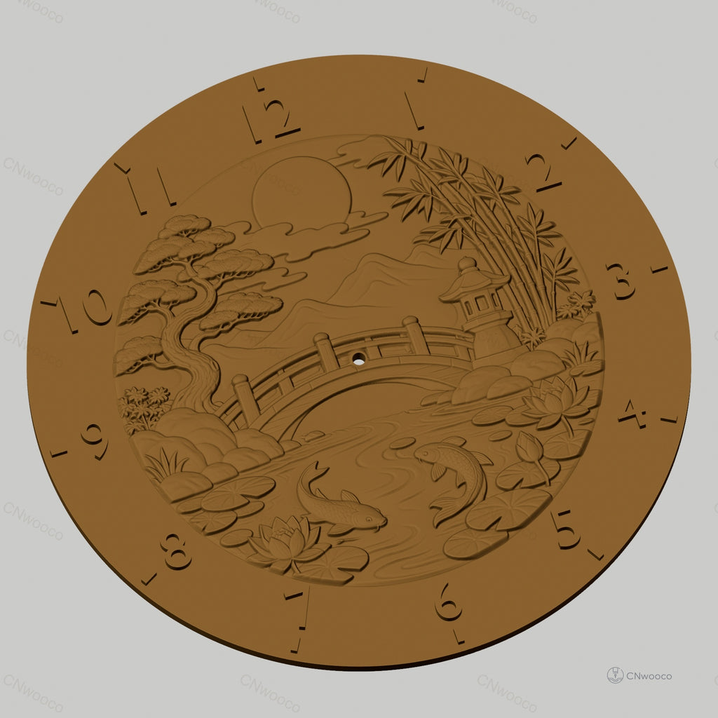 Fichier CNC & impression 3D horloge murale paysage japonais carpes koi pont STL