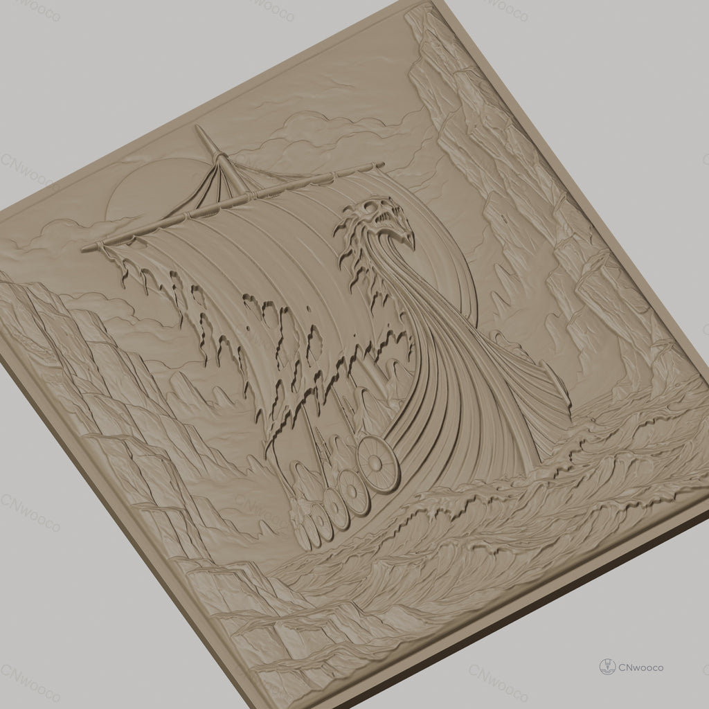 Fichier CNC & impression 3D bateau viking, voile déchirée, boucliers, relief marin, haute qualité relief STL