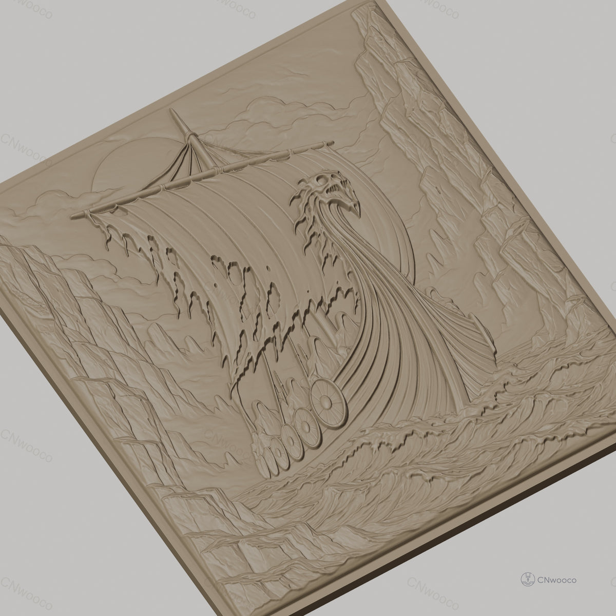 Fichier CNC & impression 3D bateau viking, voile déchirée, boucliers, relief marin, haute qualité relief STL
