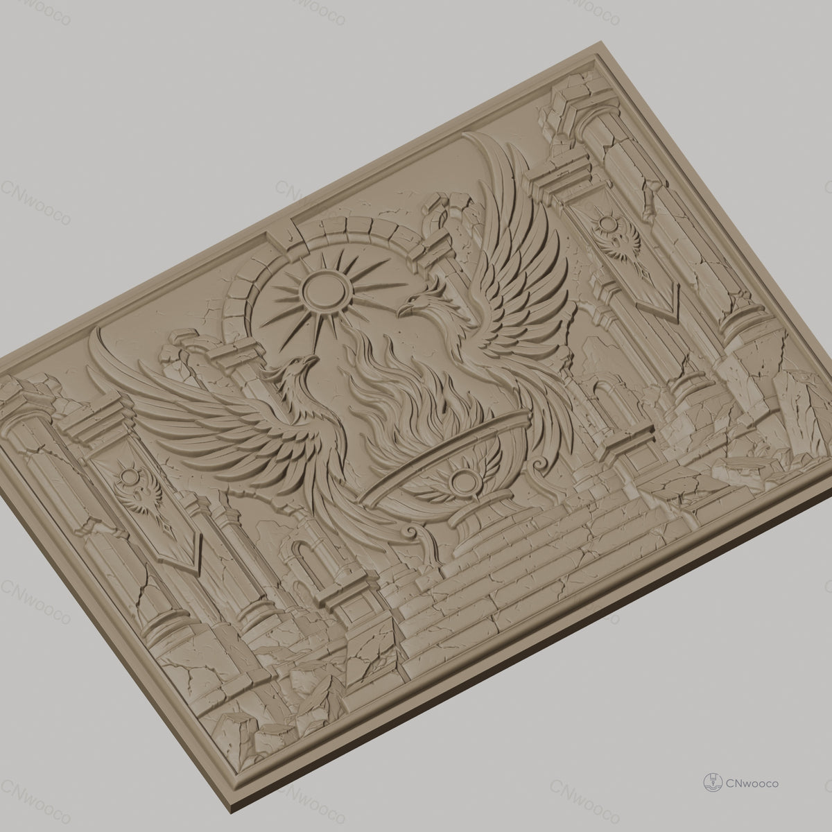 Fichier CNC & impression 3D phénix, flamme sacrée et ruines antiques haute qualité relief STL