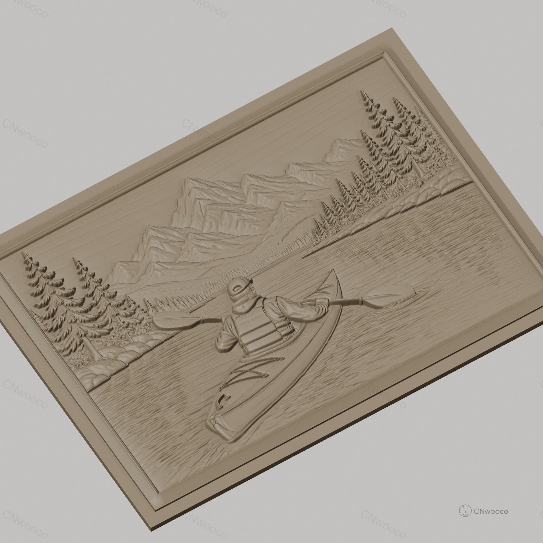 Fichier CNC & impression 3D Kayakiste en rivière, montagnes et pins, haute qualité relief STL