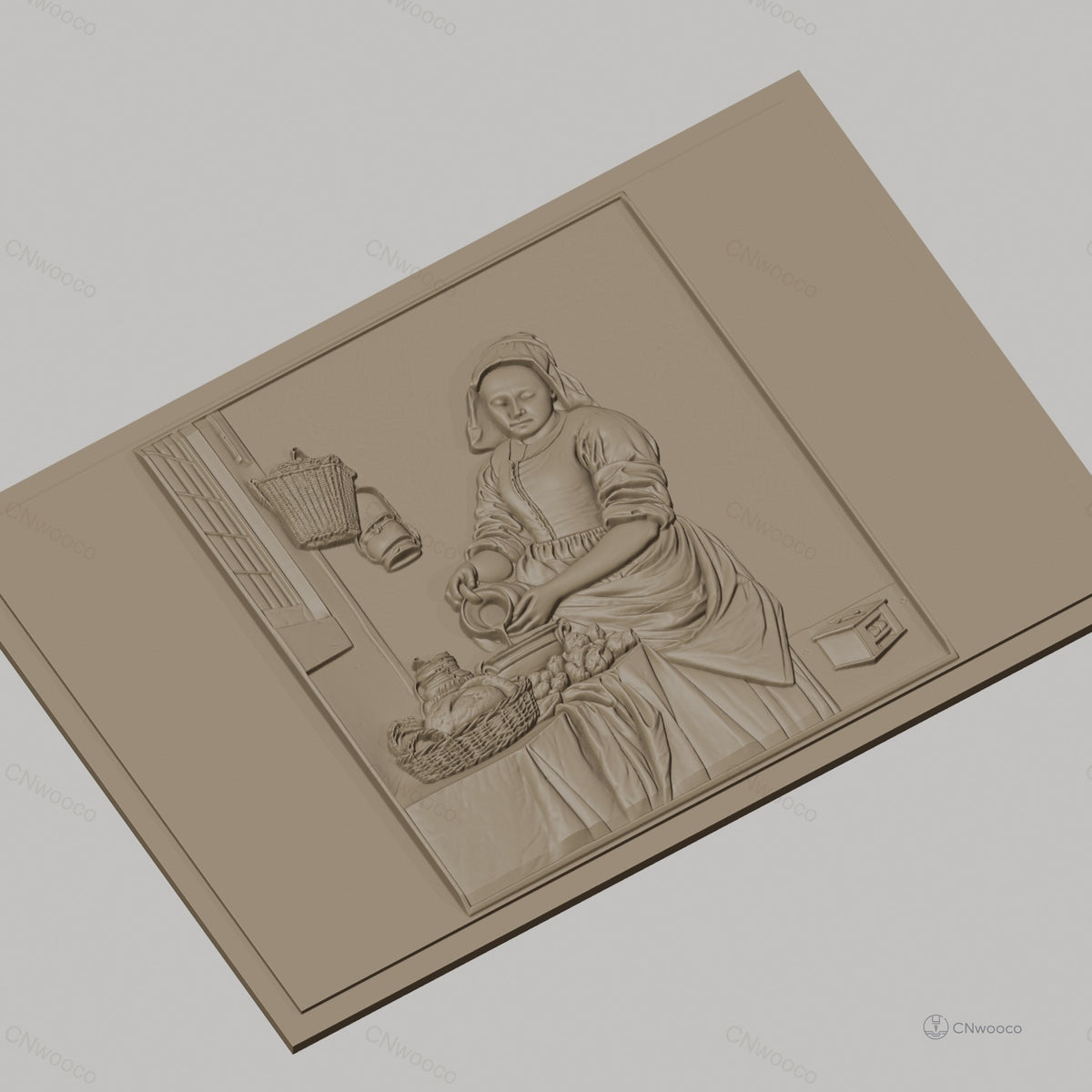 Fichier CNC & impression 3D La Laitière, femme versant du lait, panier de pain, haute qualité relief STL