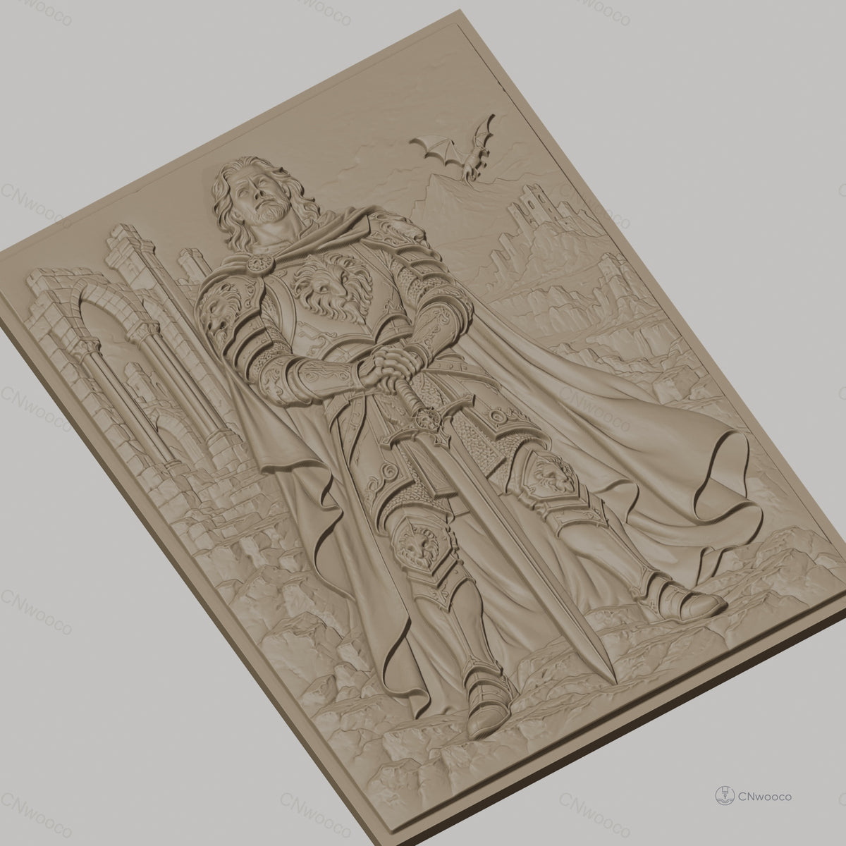 Fichier CNC & impression 3D chevalier en armure avec épée, château et dragon, haute qualité relief STL