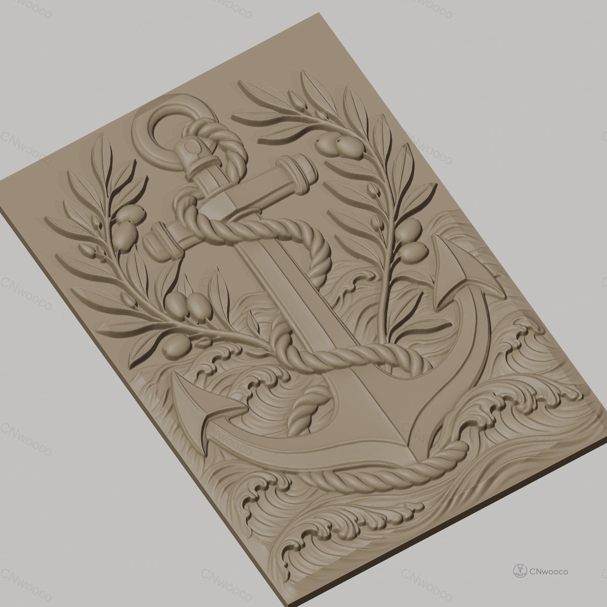 Fichier CNC & impression 3D ancre marine, corde, branches d'olivier, vagues, haute qualité relief STL